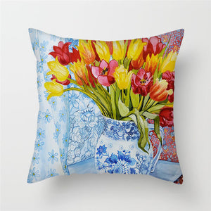 Bright Floral Oil Paintings Cushion Cover